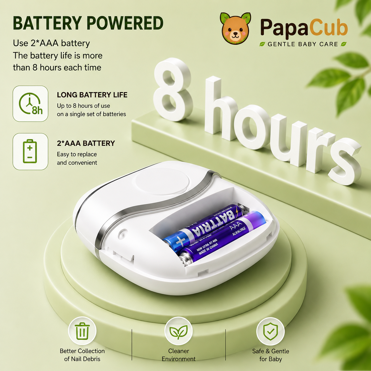 Battery powered — 2x AAA, up to 8 hours of use